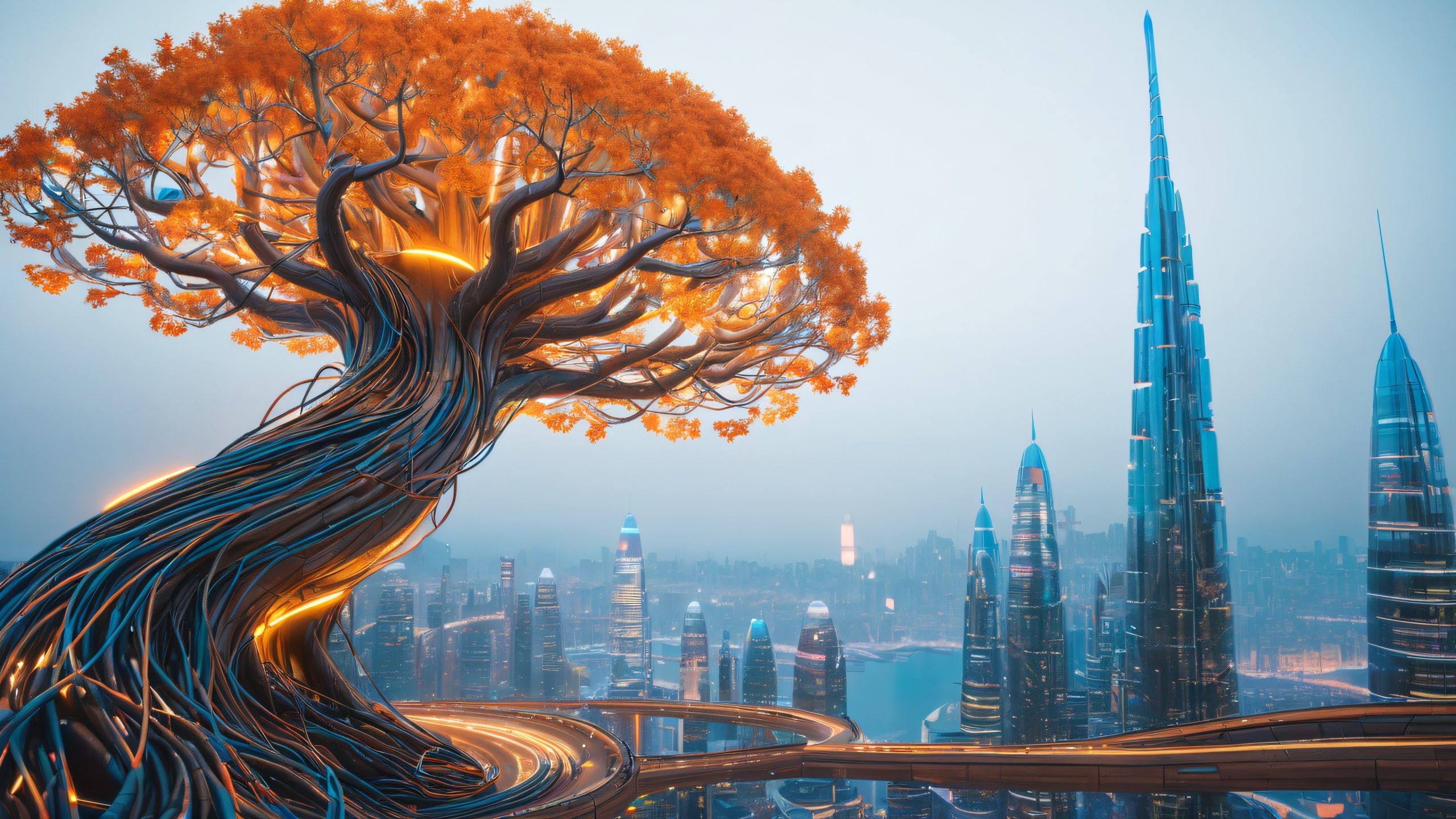Epic Cyberpunk Tree Forest 4K Desktop Wallpaper A futuristic desktop wallpaper of a high-tech tree with glowing fibers set against a dark cityscape.