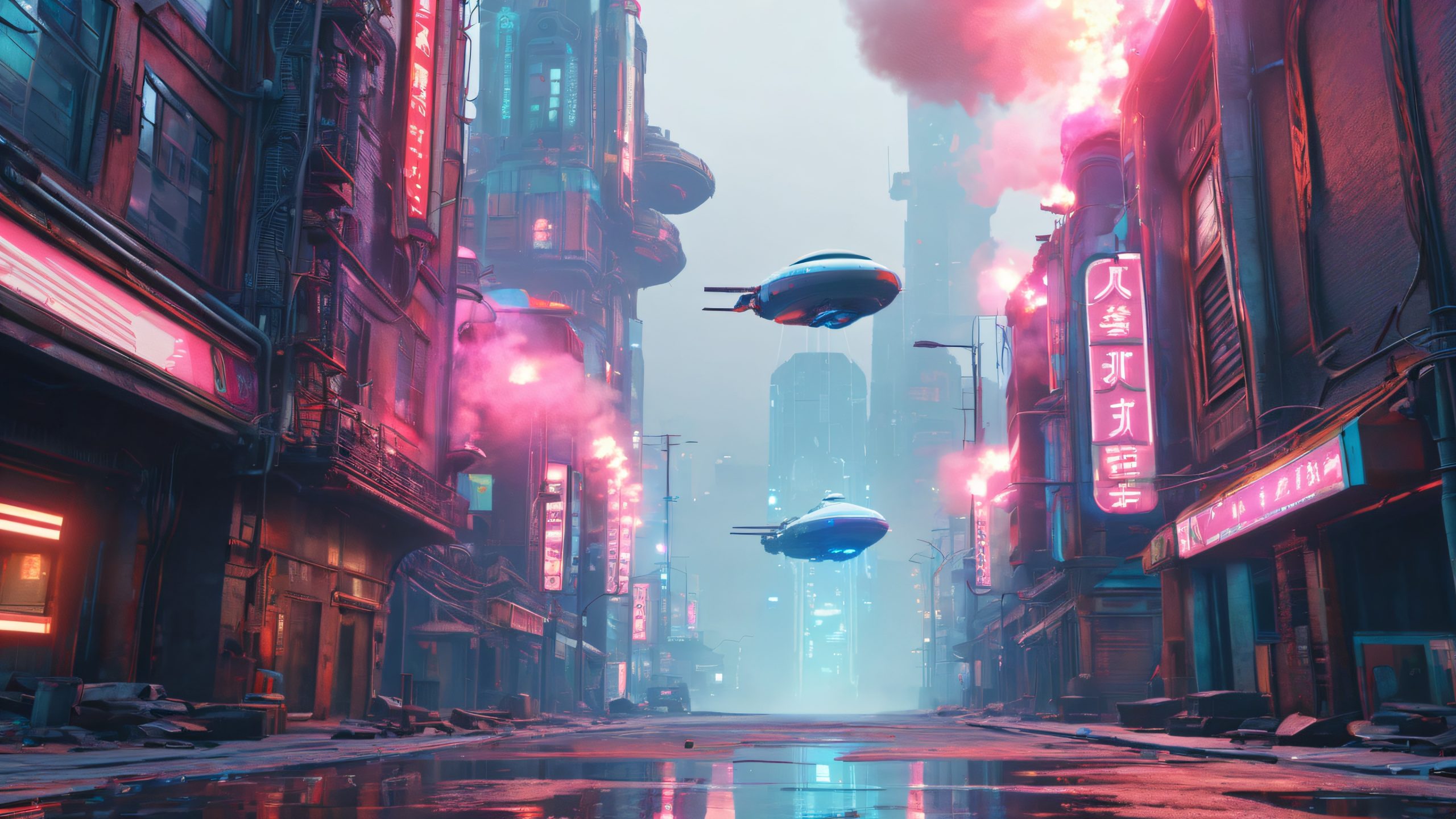 Cyberpunk Urban Decay 4K Desktop Wallpaper Gritty cityscape with airships, skyscrapers, and a lone protagonist on desktop/pc