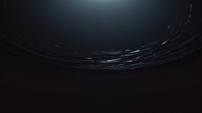 Dark and moody cityscape with towering skyscrapers and neon lights reflected in a dark pool of water.