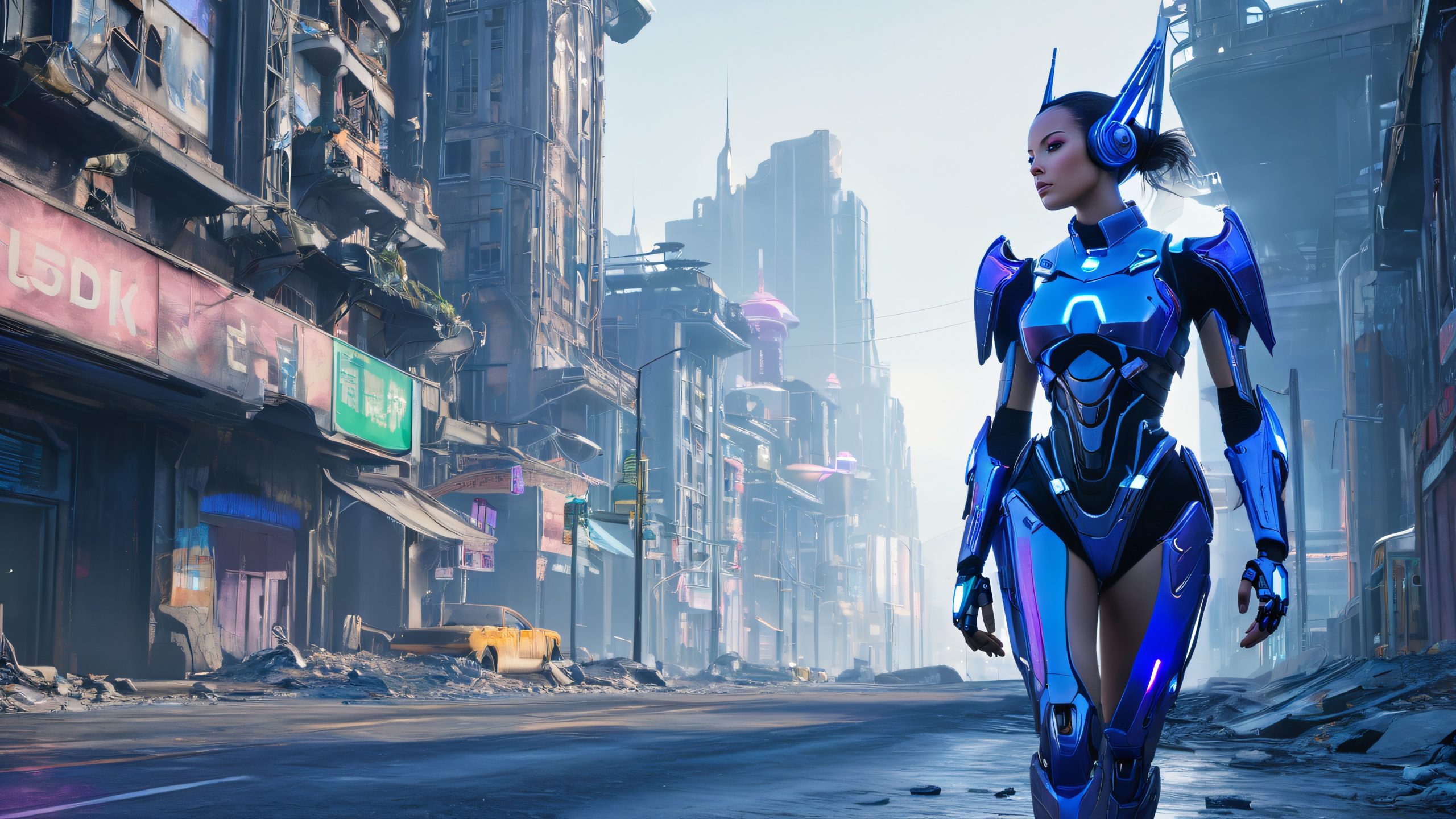 4K Cyberpunk Warrior's Gaze Desktop Background Marisha, the deadly cyborg warrior, stands tall amidst a dystopian metropolis on a desktop or PC.