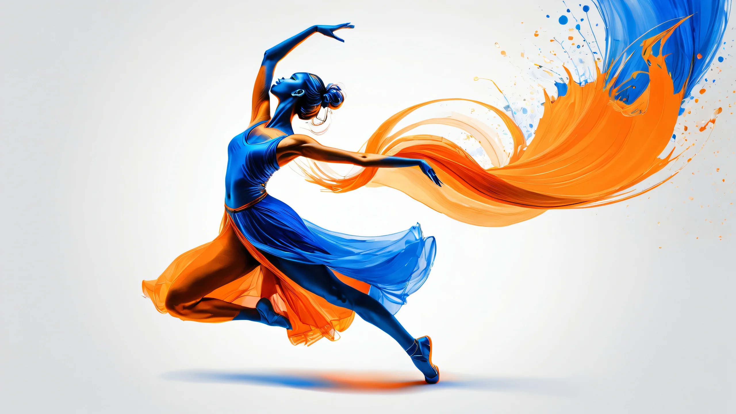 A vibrant and dynamic abstract dance scene set against a cosmic backdrop of swirling blues and oranges.