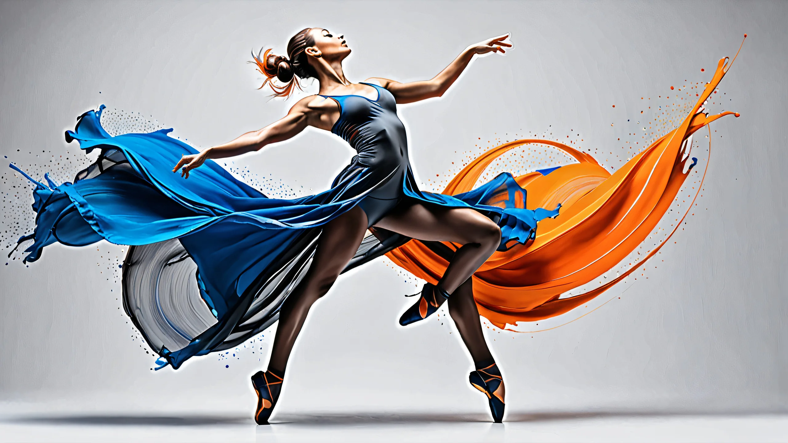 Aesthetic Dancing Ink Swirl Background A digital artwork featuring a dancer in mid-air surrounded by swirling dark grey, blue, and orange ink-like patterns.