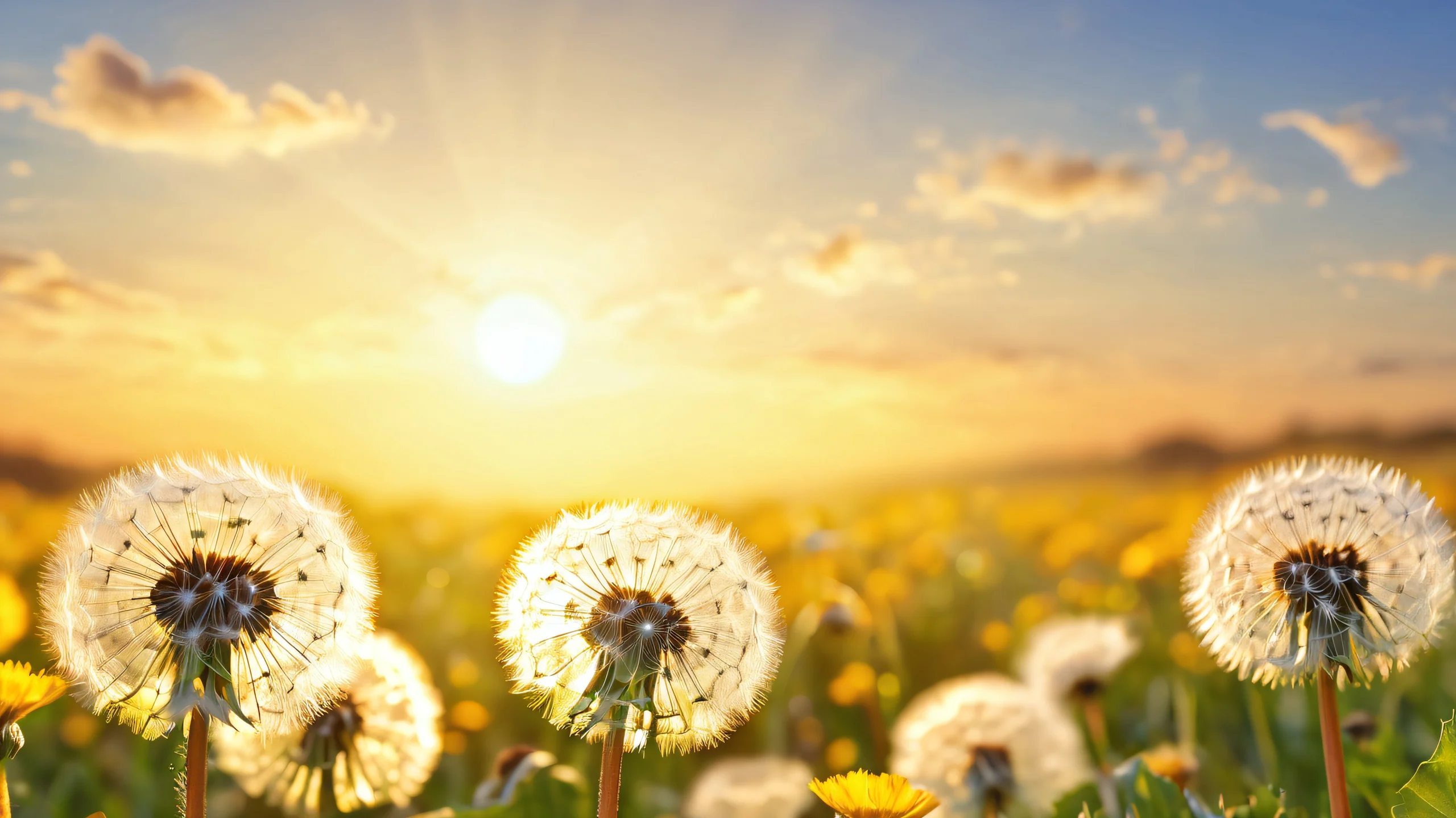 Ultra HD Dandelion Sunset Masterpiece Wallpaper A stunning 4K wallpaper featuring realistic dandelions and a vibrant golden sunset.
