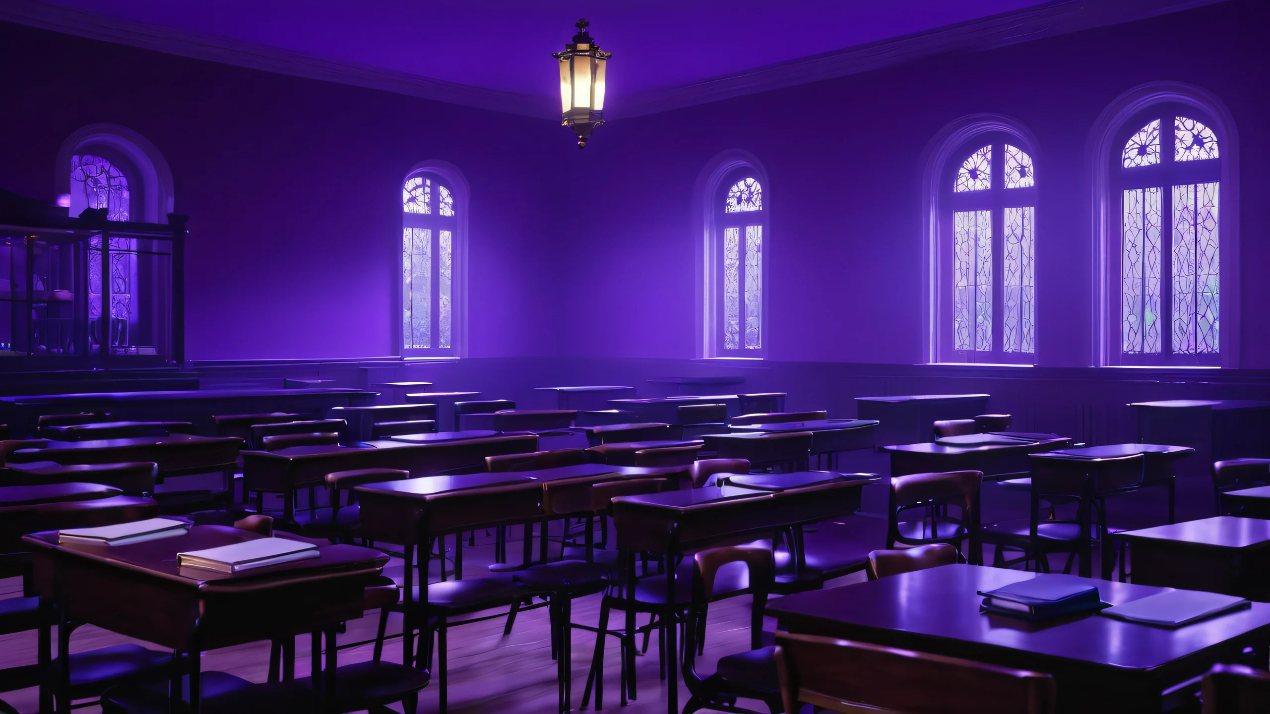 Dark Academic Halls 4K UHD Wallpaper A dimly lit school setting with purple hues and intricate details.