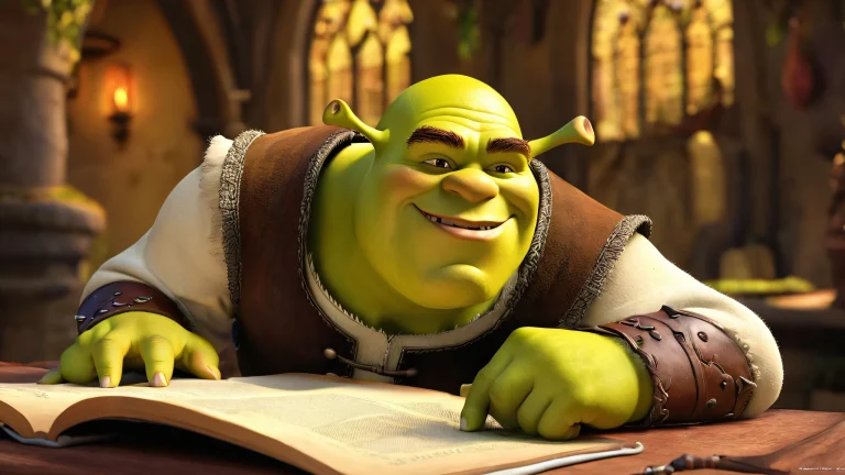 A Shrek-like character set against an aged paper background with a perfectly clean void and extreme depth of field, lit by dimly lit dark fantasy atmosphere. デスクトップ/PCに最適.