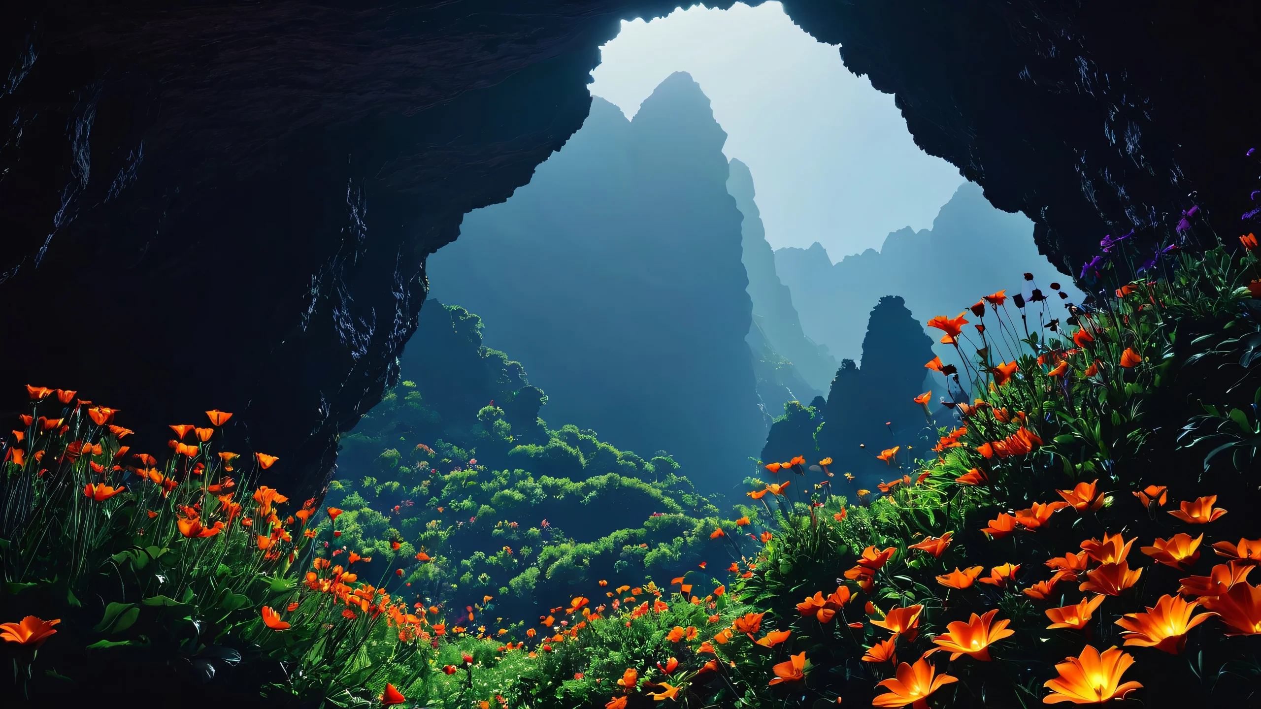 A dramatic depiction of flowers against a dark cave backdrop, showcasing varying textures and shapes.