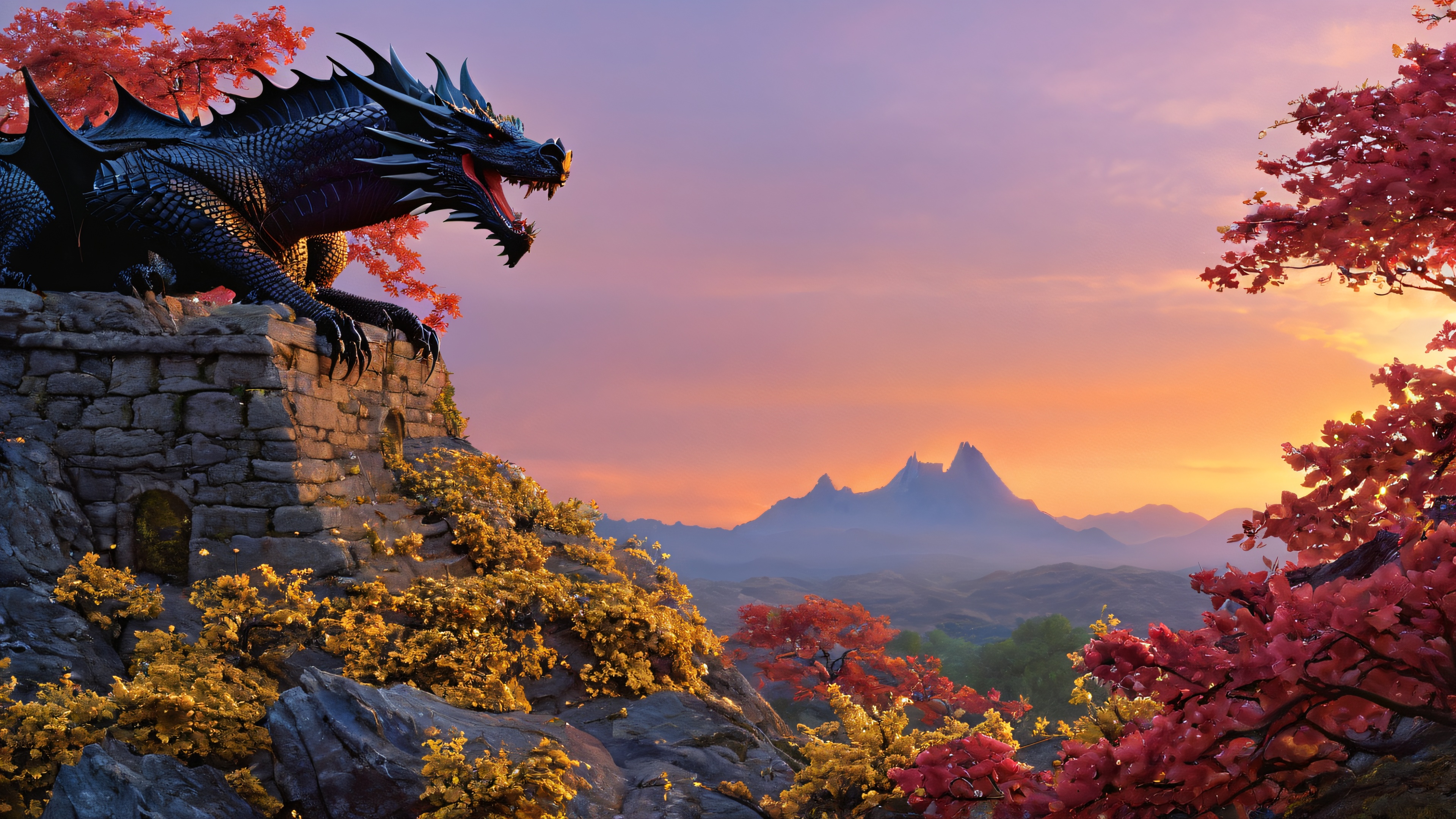 A dark knight prepares to face a fierce dragon in an epic fantasy battle scene, set against ancient castle ruins.