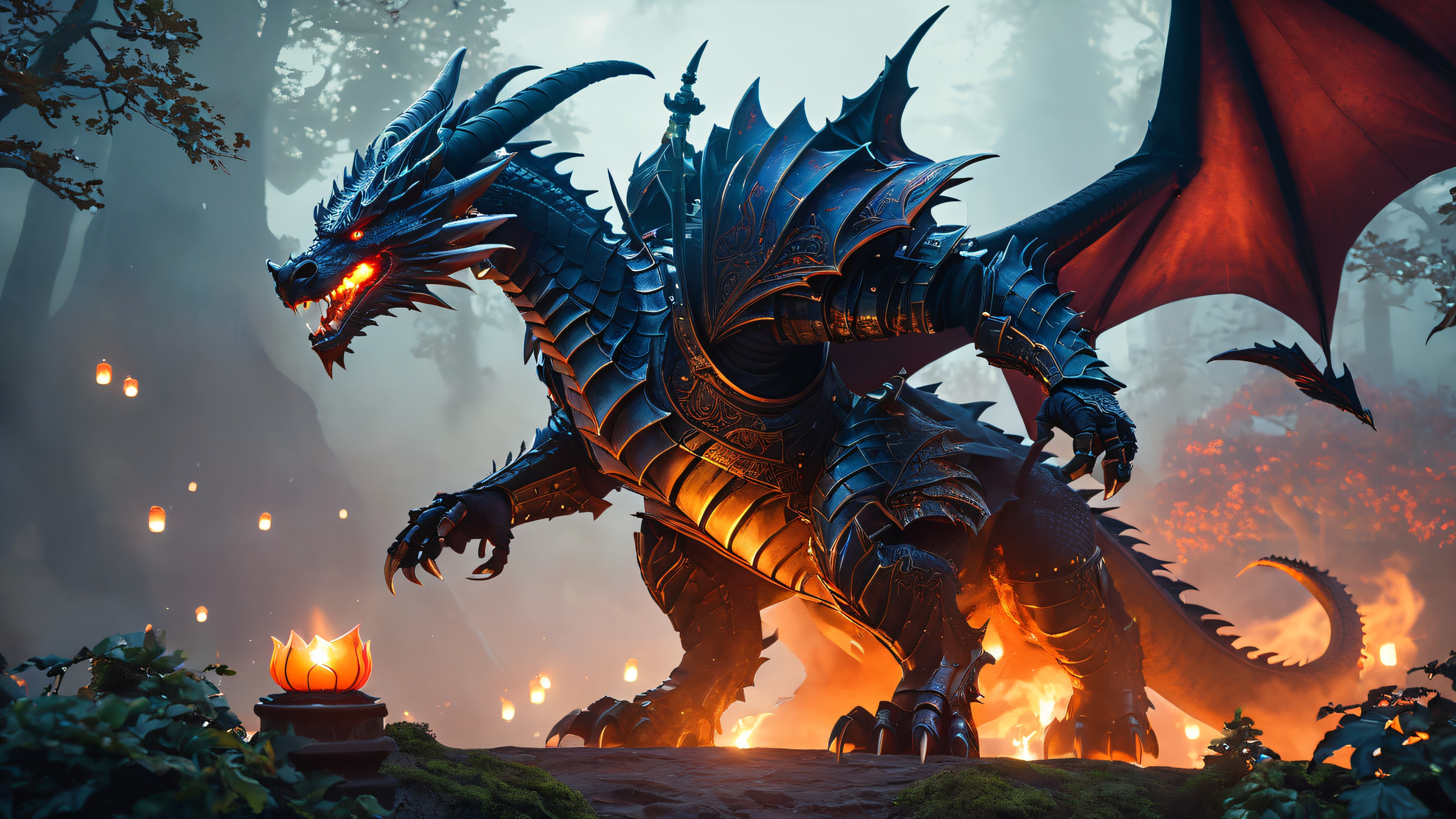 A majestic dark knight in ornate armor stands tall amidst a dramatic confrontation with a magnificent dragon in a mystical forest.