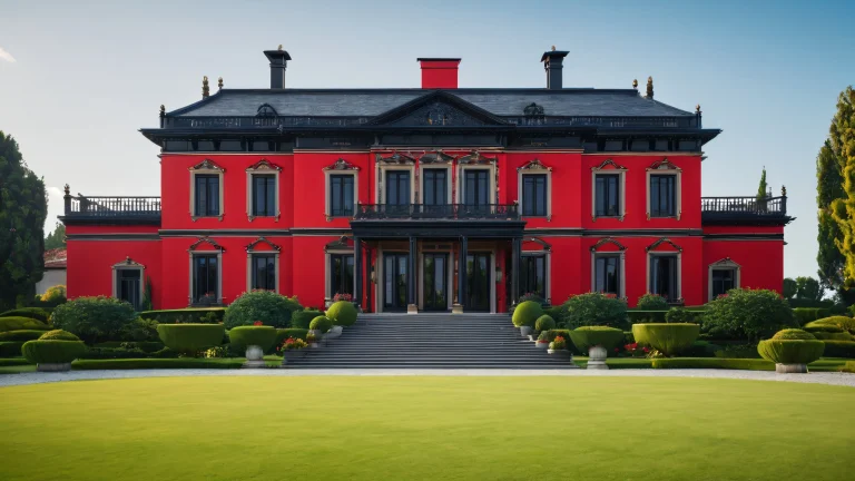 A dark and foreboding mansion with red and black accents in a high-resolution 4K desktop wallpaper.