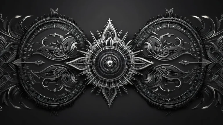 Centered dark metallic tribal digital art with low key lighting and dark gradients