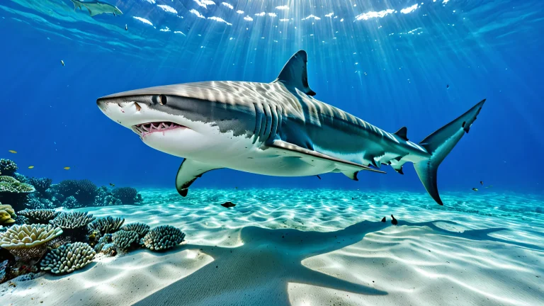 Underwater scene featuring a shark in soft focus amidst blue and green hues.