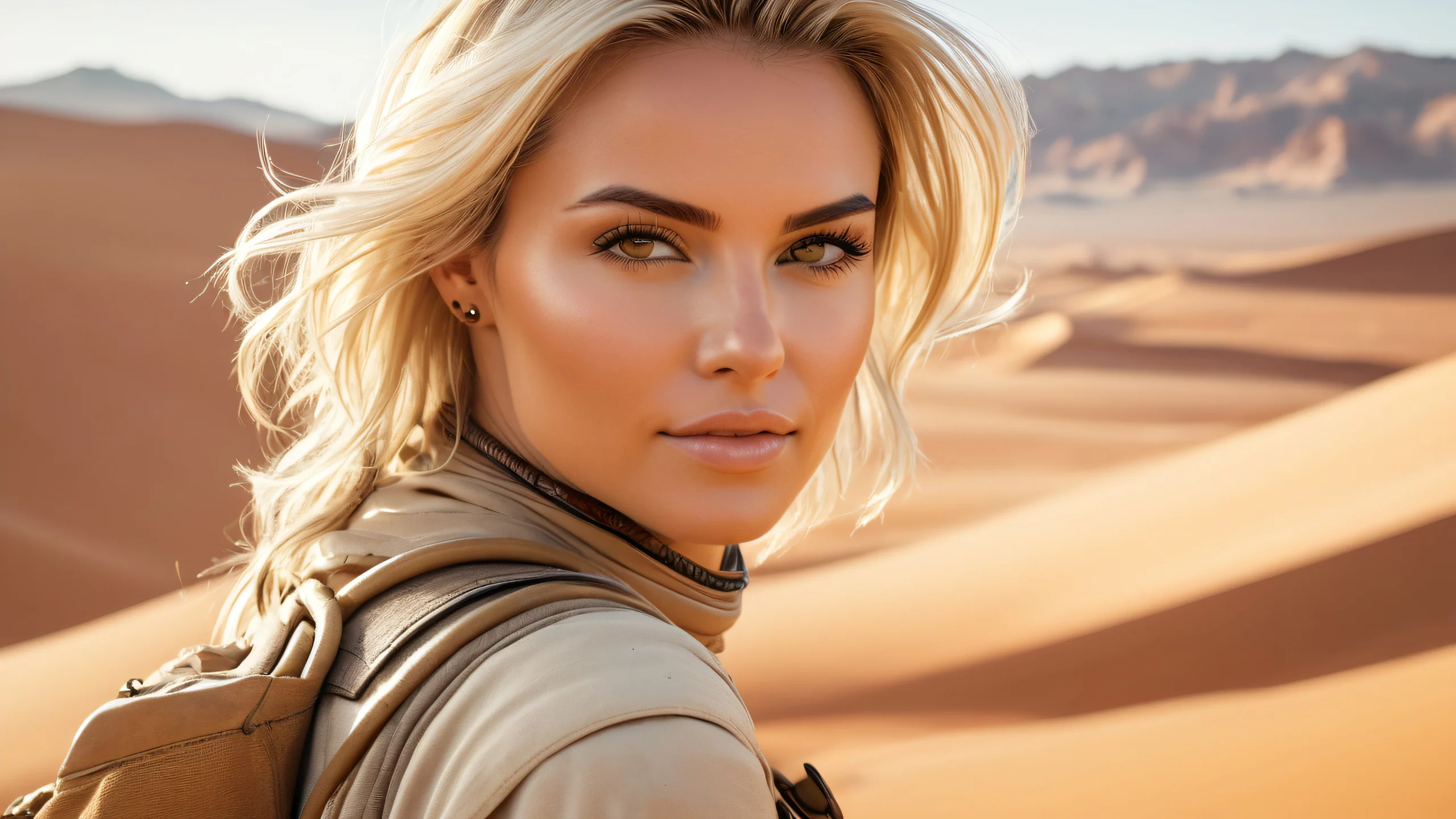 A female explorer stands tall in a dusty desert landscape with intricate linework and soft highlights.