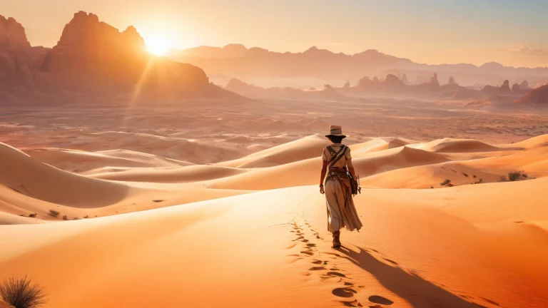Breathtaking desktop wallpaper of a female explorer standing in a dusty desert landscape with vintage theme, perfect for PC or Desktop.
