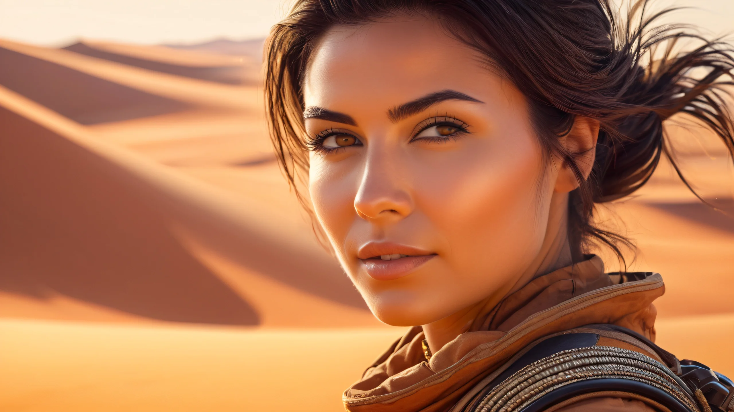Ultra HD Desert Quest Wallpaper A female explorer standing in a dusty desert landscape with intricate linework and expressive contrasts.