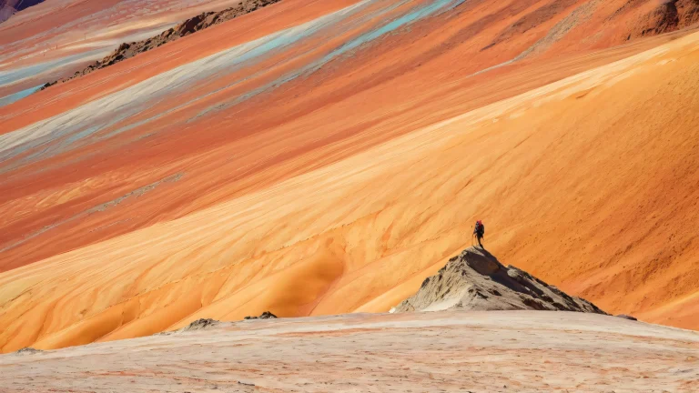A majestic rock formation rises from rust-red sand. A lone hiker stands atop a granite outcropping, gazing at the endless expanse of canyons and badlands. Desktop/PC.