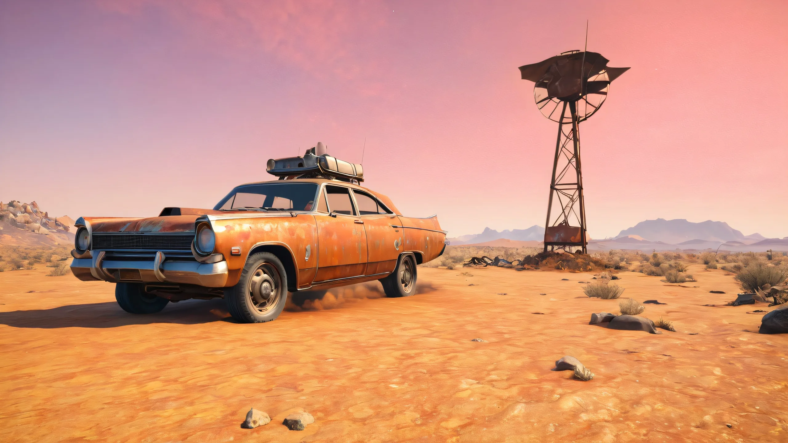 Desert Wasteland Pie Delight Aesthetic PC Wallpaper A worn-out Vault Dweller holds a dusty pie aloft on a barren, post-apocalyptic desert landscape with rusted car hulks and faded signs, suitable for a desktop/pc background.