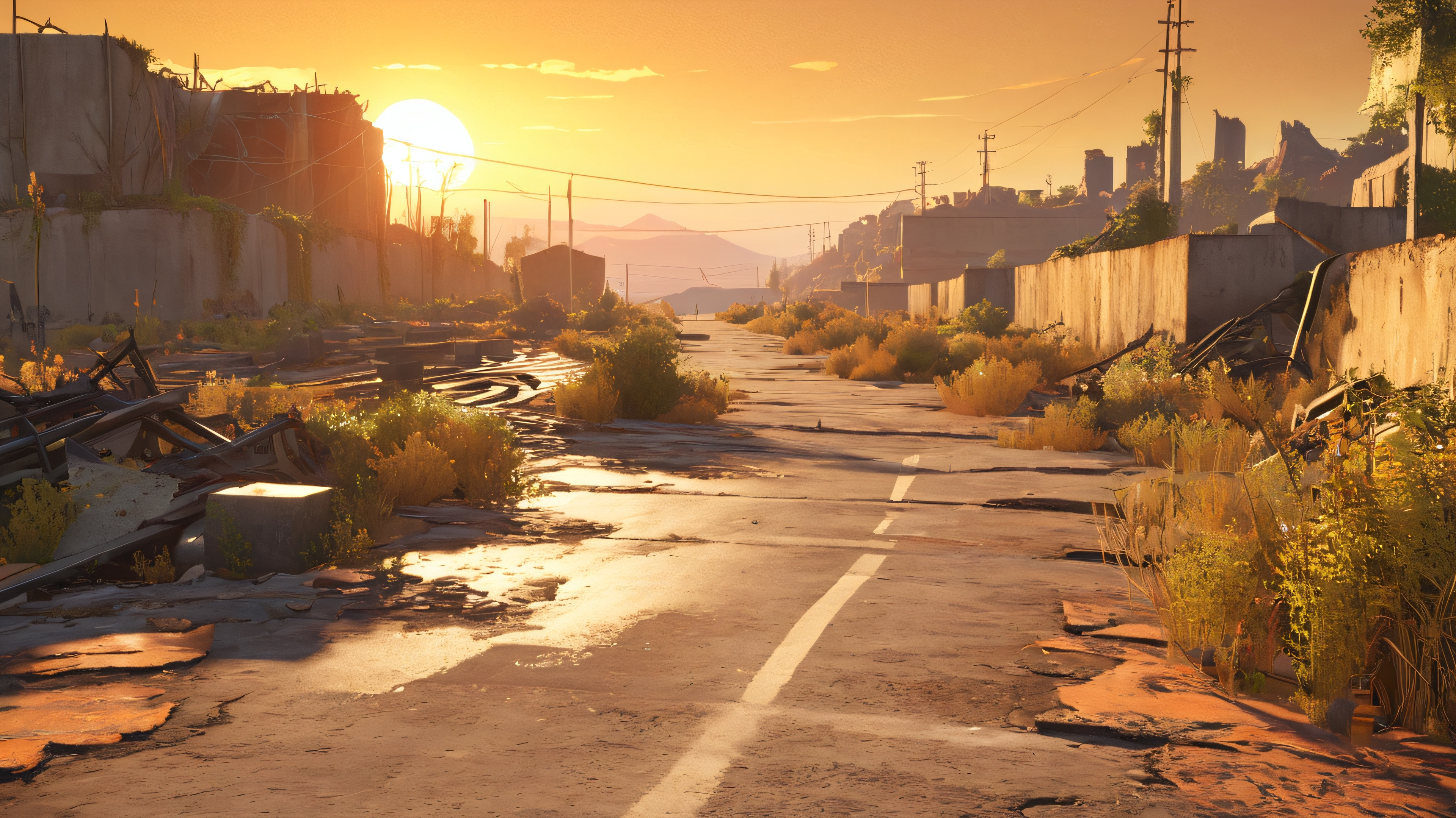 Louise Porter stands amidst ruins of a desolate highway, eyes cast down at a gravesite, with a setting sun casting an eerie orange hue.