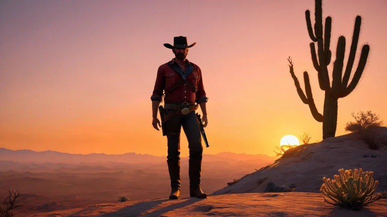 Arthur Morgan stands at the edge of a desolate sunset landscape on a desktop or PC, with his revolver and rugged determination.