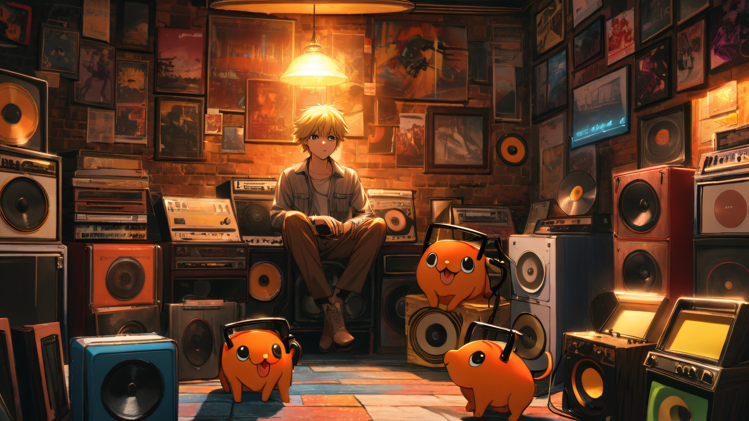 Denji and Pochita sit on a vintage speaker surrounded by vinyl records and cigarette smoke, perfect for a desktop or PC.