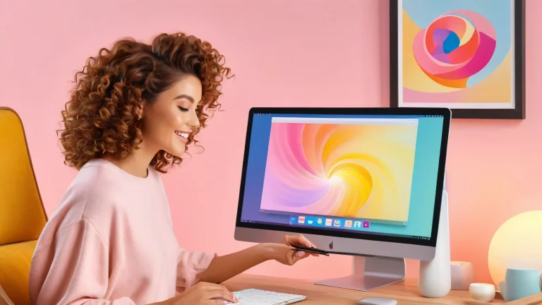 A woman sits in front of a computer monitor, holding a digital drawing stylus and surrounded by a cozy studio space with wooden furniture, plush rugs, and inspirational art books. Suitable for desktop/pc screens.