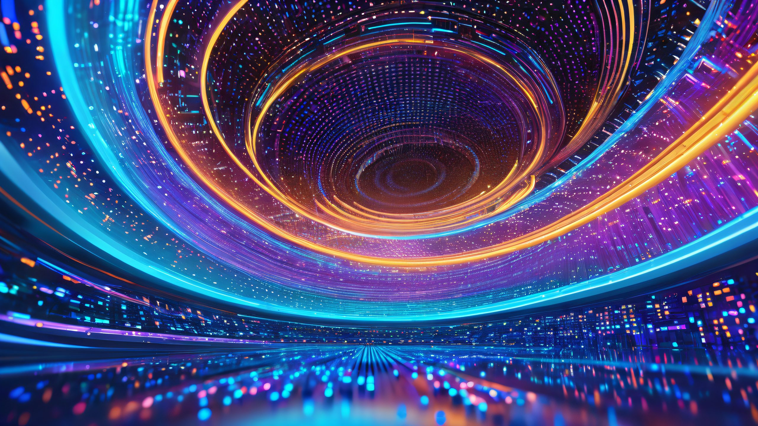 A stunning desktop background featuring a futuristic vortex of code and circuitry on a virtual laboratory or data center setting with rows of glowing server racks and humming machinery, suitable for any PC or Desktop.