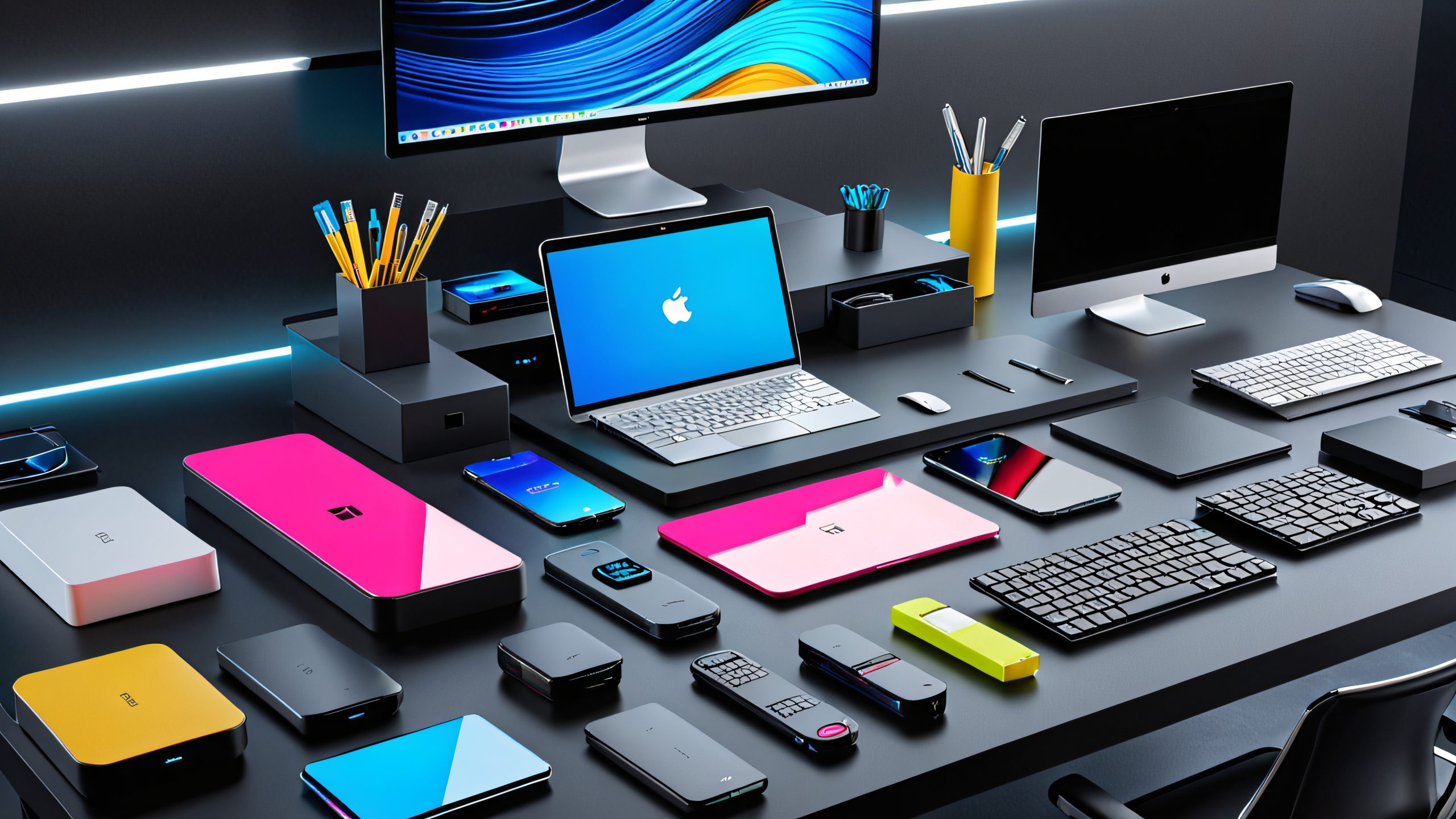 Meticulously organized digital workspace with bento box, gadgets, and files