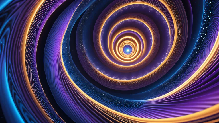 Abstract desktop wallpaper of a mesmerizing vortex on a deep blue-purple background with pulsing light streaks and geometric structures for Desktop/PC