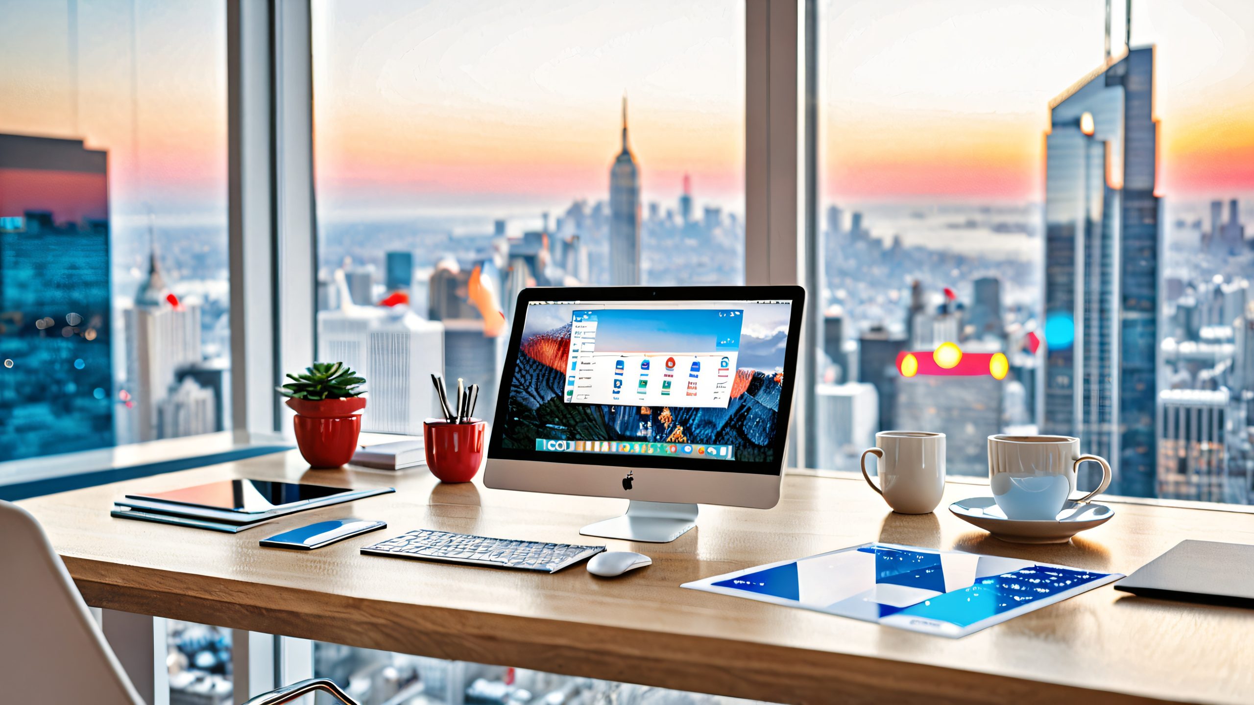 Digital Chaos Reflected 4K UHD Widescreen A worn-out smartphone screen displaying a chaotic desktop with tabs, emails, and notifications, reflecting the surrounding environment on a cracked glass surface. Suitable for a PC or Desktop.