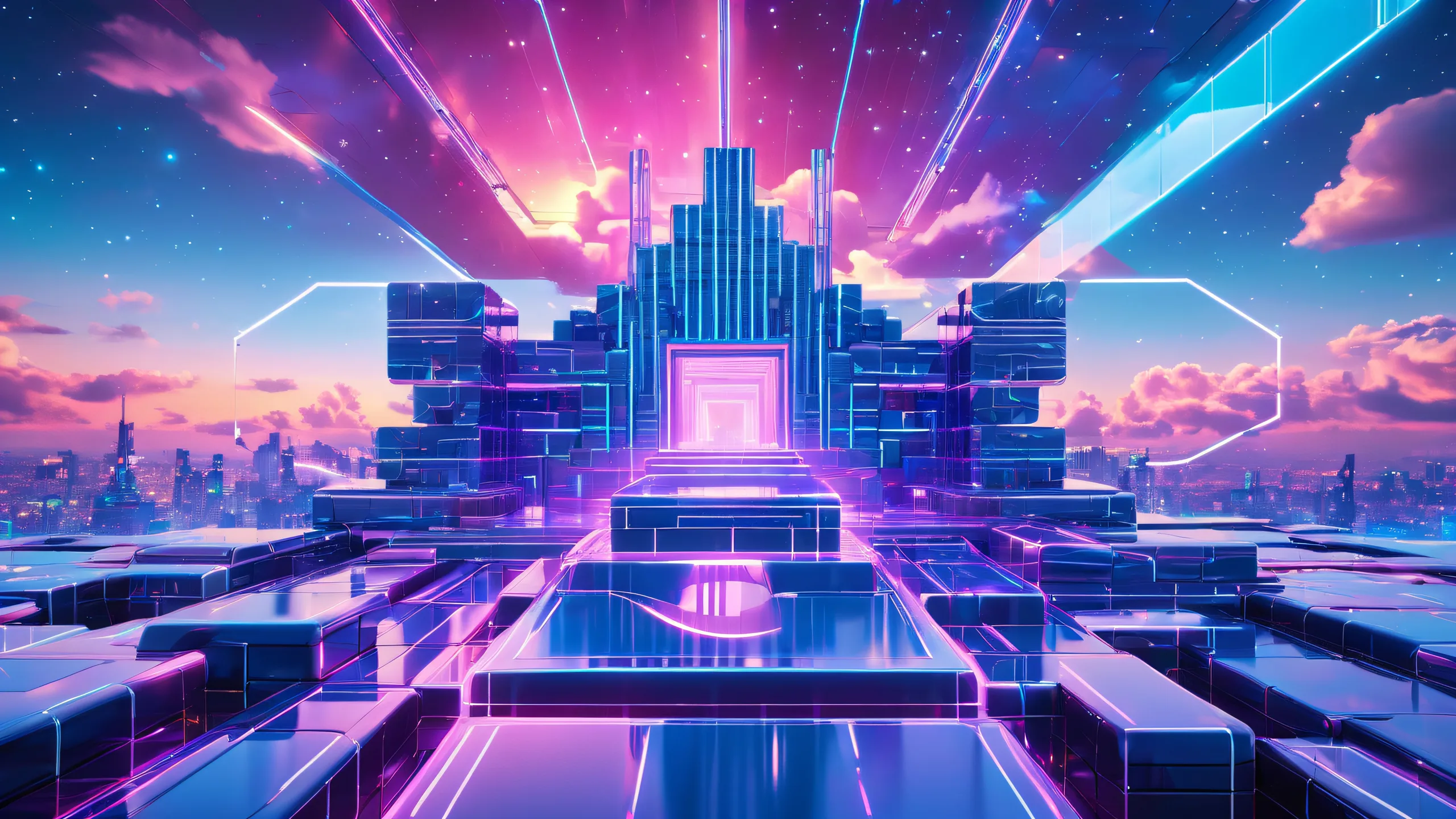 Futuristic blockhouse structure with pulsing circuits against binary code clouds for desktop/pc