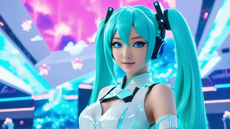 Futuristic concert hall with Hatsune Miku on desktop/PC