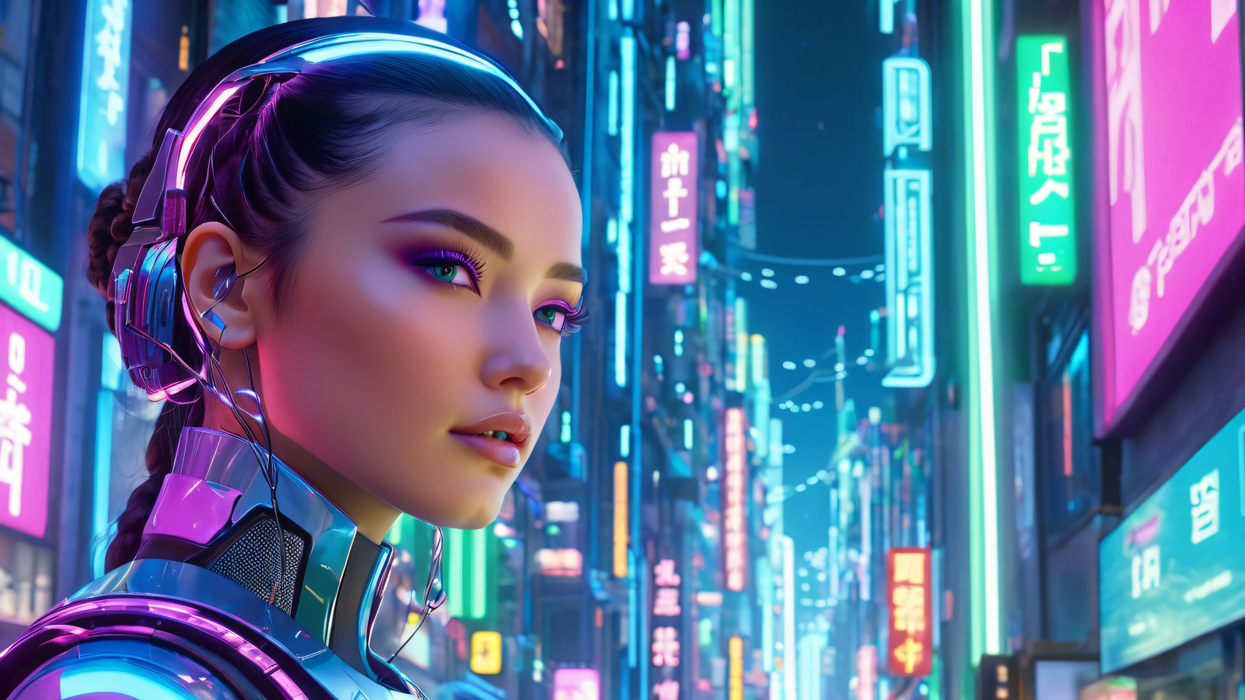 Nil'kin, a charismatic AI entity, surrounded by binary code and circuitry, on a gritty, dystopian metropolis desktop, for PC and Desktop