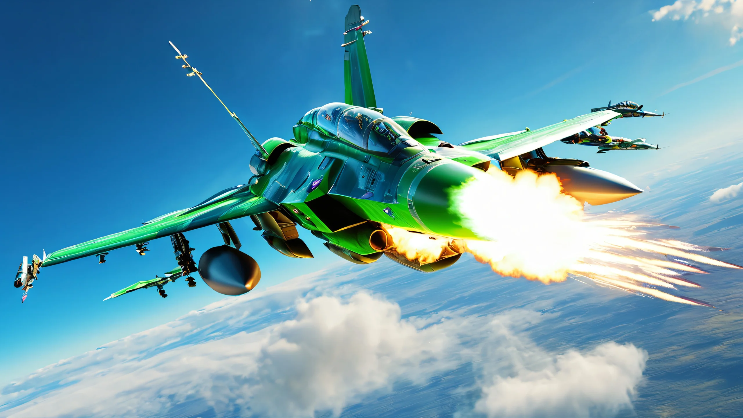4K Digital Firestorm Wallpaper for PC/Mac A futuristic jet fighter blasts off in a vibrant explosion of blue and green digital art.