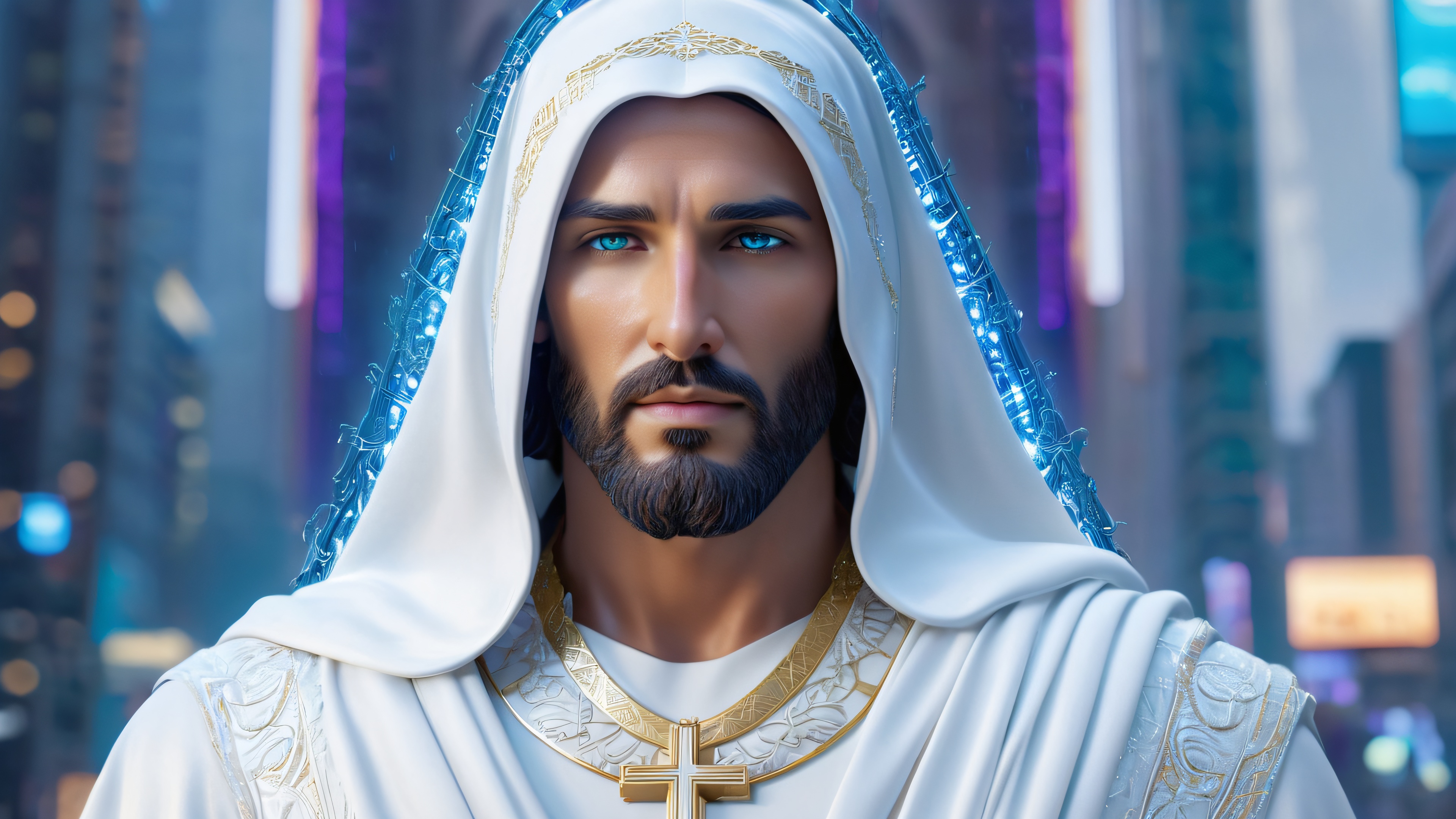 Digital avatar of Jesus Christ in a futuristic cityscape with neon lights and LED lights, rendered in photorealistic detail