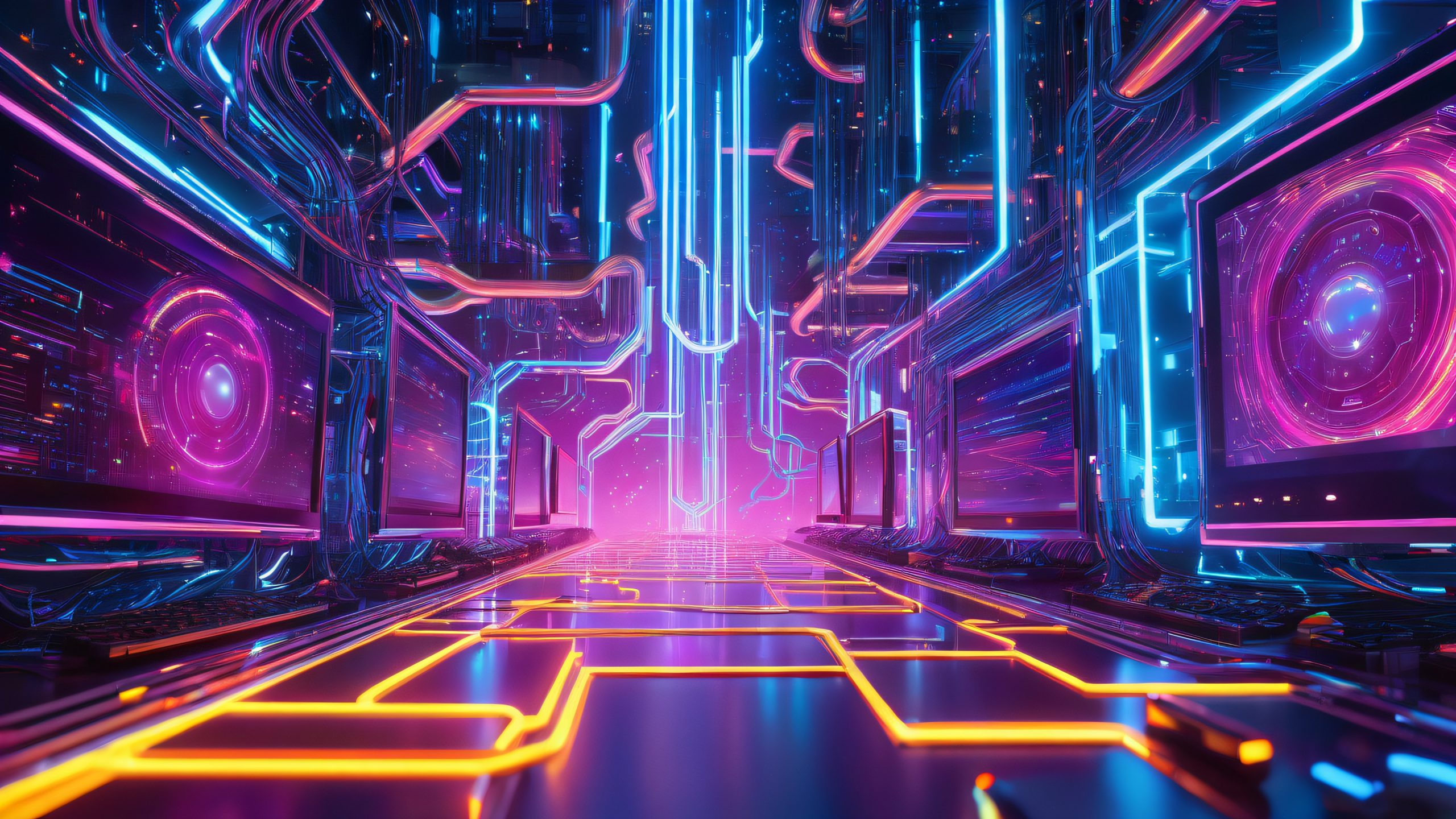 A futuristic motherboard with holographic avatars and swirling algorithmic data for desktop/pc