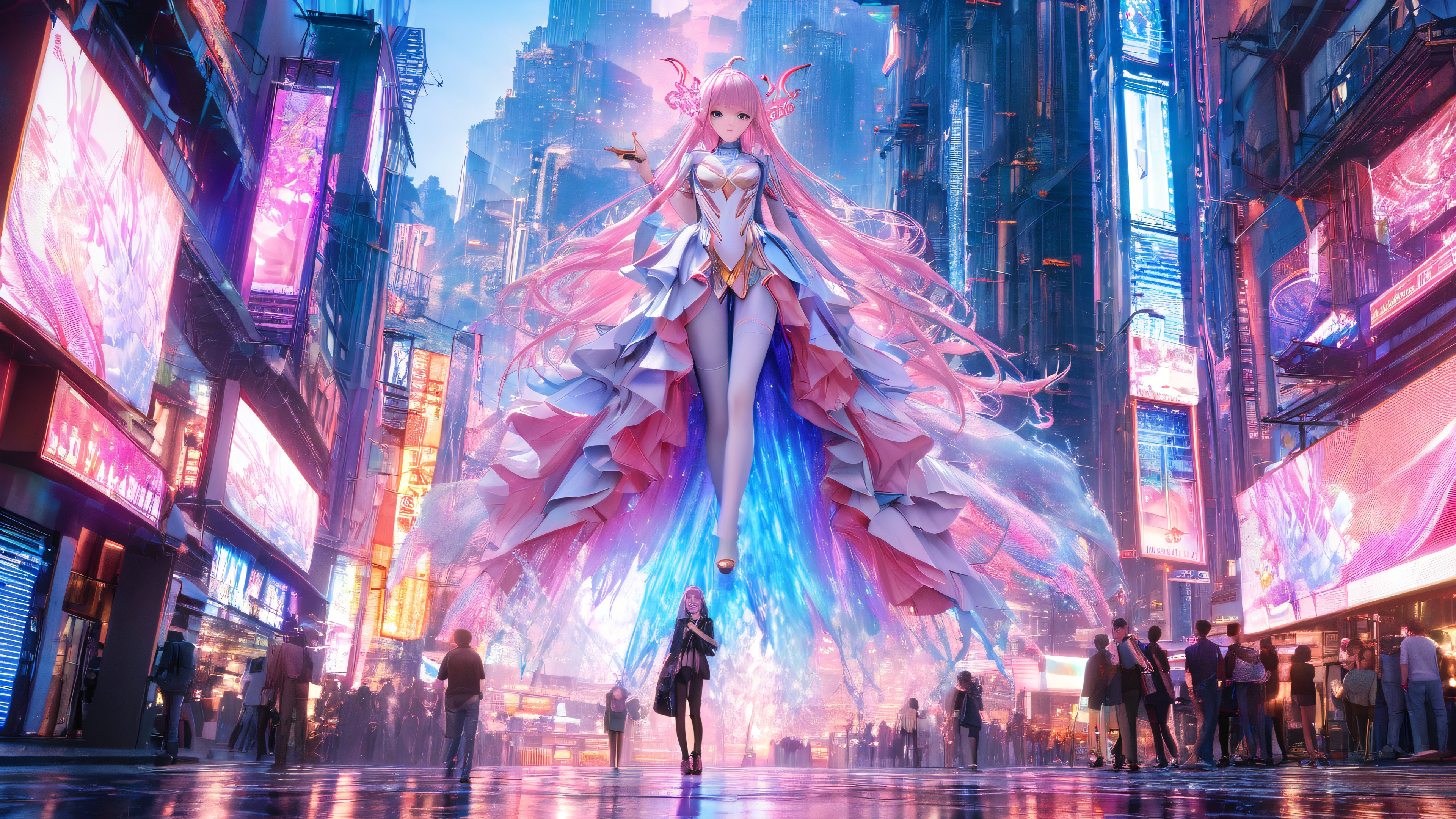 A stunning 4K wallpaper featuring Dizzy in human form, surrounded by a vibrant cityscape at dusk with neon lights and holographic advertisements.