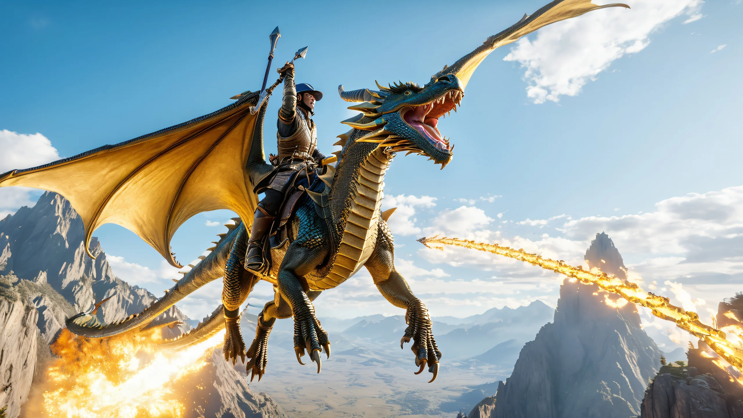 Aesthetic Dragon Rider Soar Background A majestic dragon rider in mid-air, soaring above the ground with a golden glow and blue misty background.
