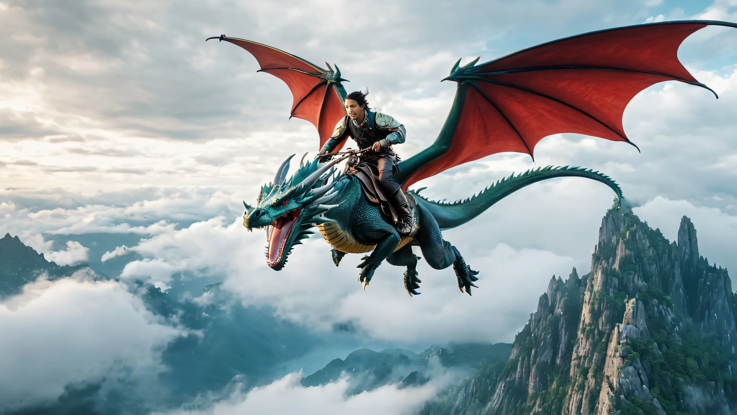 A majestic dragon rider in mid-flight, set against a dramatic overcast sky with fluffy white clouds