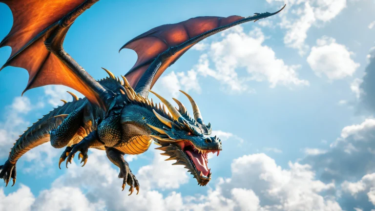 A majestic dragon in mid-air, with clouds and sky as the backdrop, creating a sense of dynamic action and dramatic perspective.