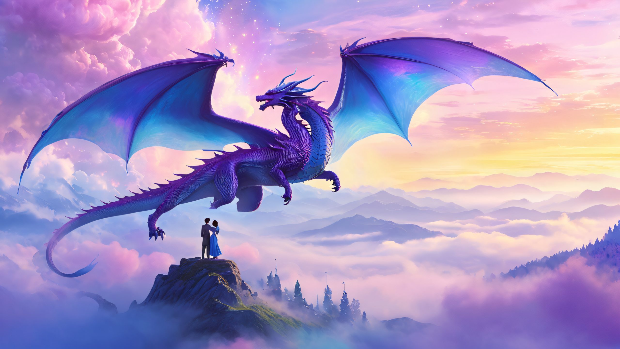 A whimsical desktop wallpaper featuring a couple embracing amidst swirling purple and blue mist, with a magnificent dragon soaring in the background, its wings spread wide for protection and freedom, on a misty landscape with rolling hills, towering mountains, and a distant cityscape, for desktop/pc.