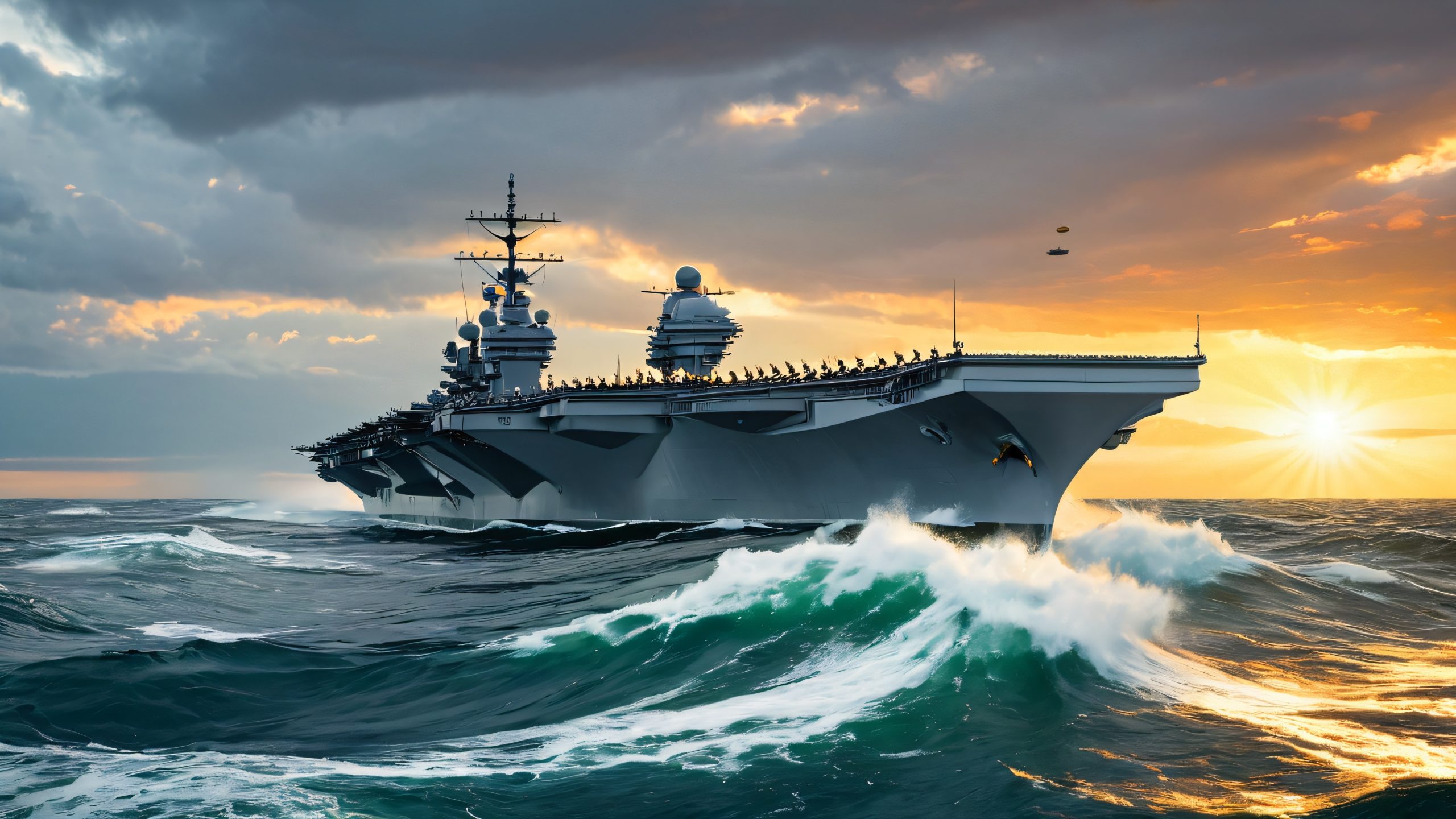 Futuristic aircraft carrier USS Invictus steams through stormy sea at sunset, with aircraft taking off and landing, and crew preparing for announcement from the Pentagon.