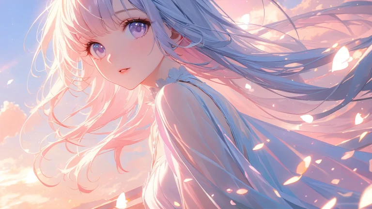 A beautiful anime girl with a dreamy expression in a soft, cinematic-lit environment.