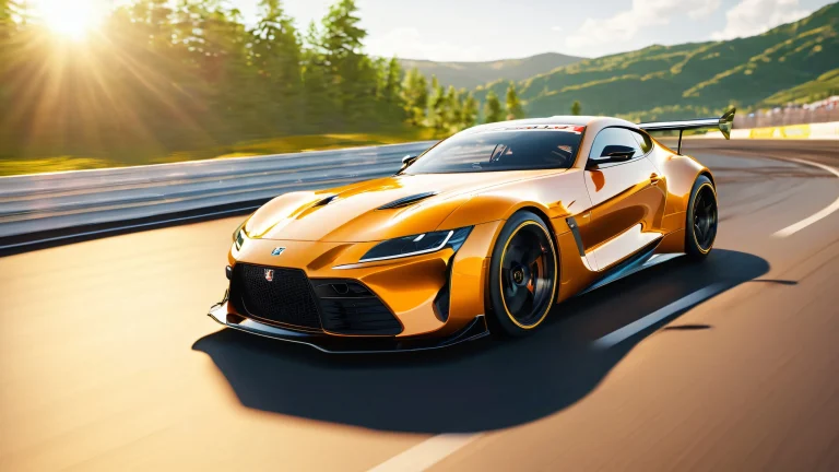 A high-performance sports car takes a sharp turn on a scenic circuit surrounded by lush greenery and grandstands, with the sun shining brightly in the sky, casting long shadows across the track.