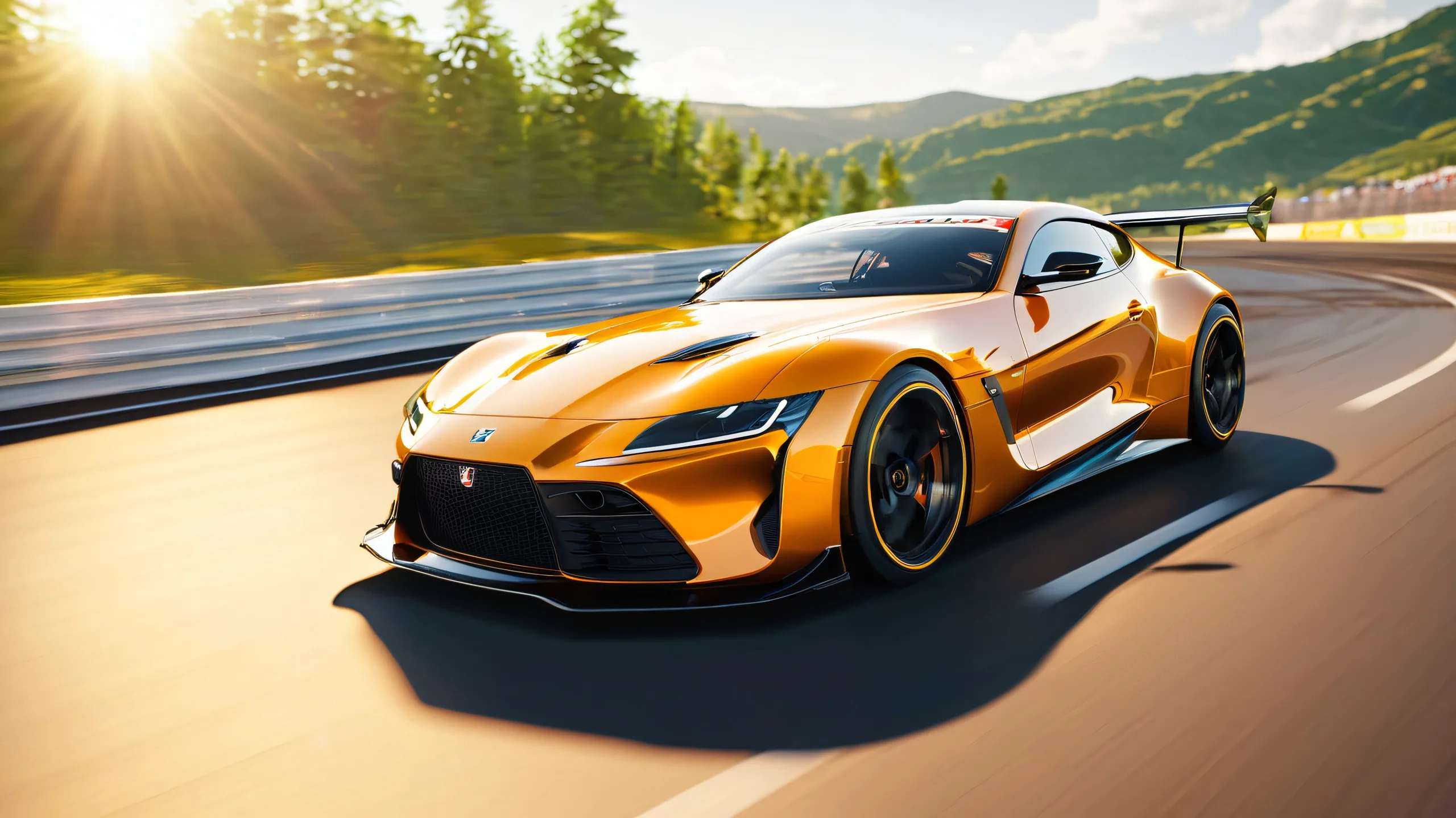 A high-performance sports car takes a sharp turn on a scenic circuit surrounded by lush greenery and grandstands, with the sun shining brightly in the sky, casting long shadows across the track.