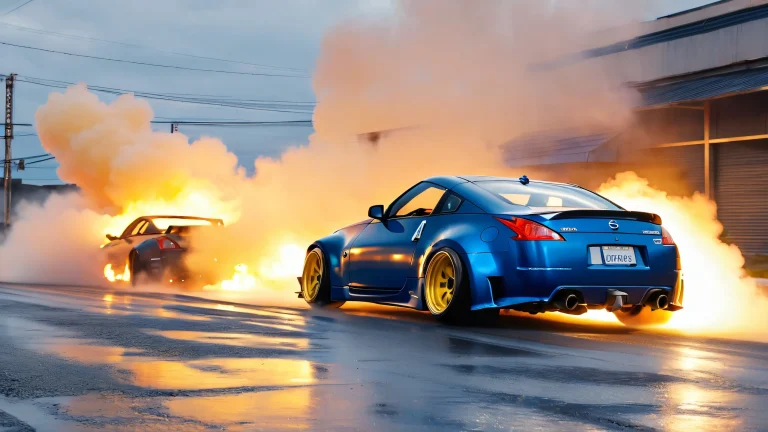 A high-performance Nissan 350Z drifting at an angle on a dark and misty street at dusk. Two broken driveshafts lie nearby, emitting smoke from the intense friction.