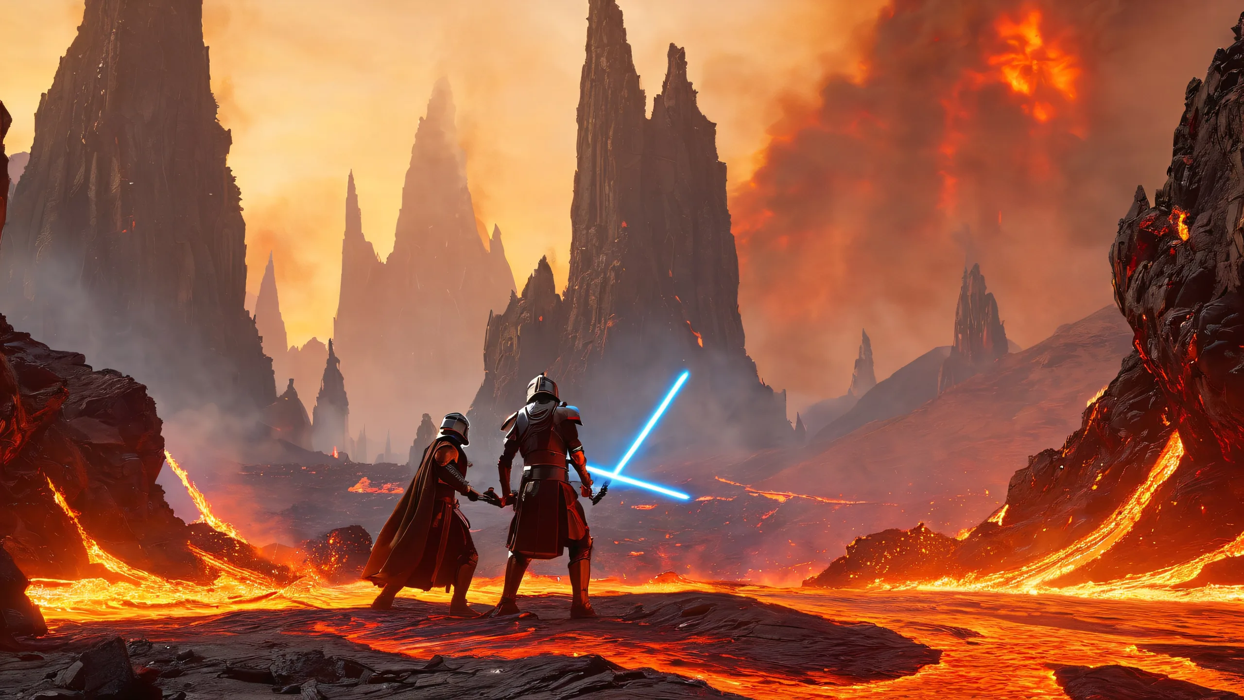 Epic Dueling Knights on Scorched Mustafar 4K Desktop Wallpaper Desktop/PC wallpaper of intense duel between warriors amidst post-apocalyptic city ruins, lava flows, and burning trees on the planet Mustafar.