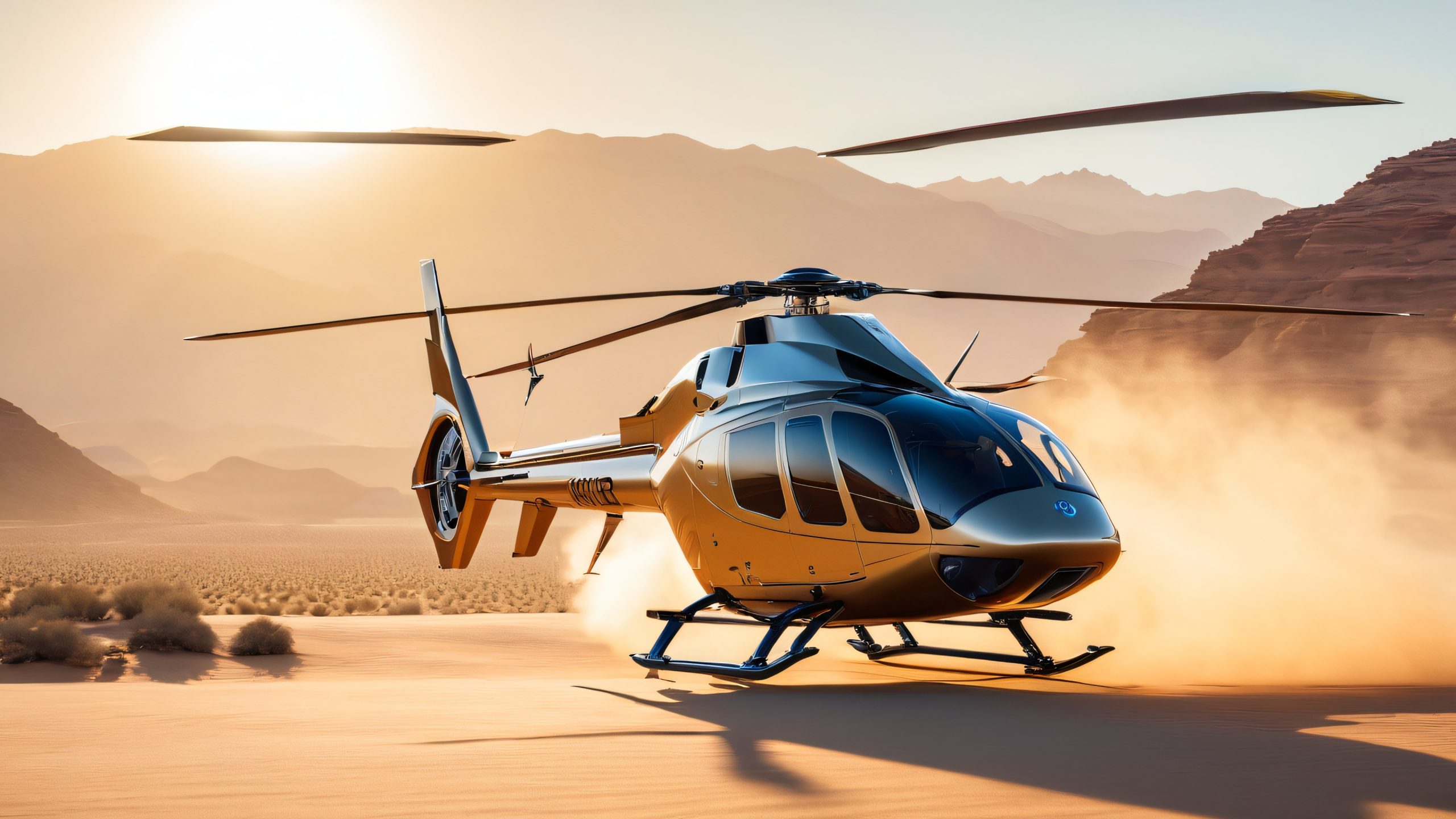 A sleek helicopter against a vast desert landscape with dust and sunlight, suitable for a desktop or PC
