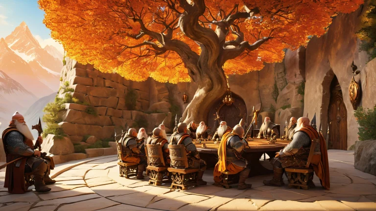 Majestic gathering of dwarves in a grand council chamber with ancient artifacts and warm golden lighting. Suitable for desktop/PC background.