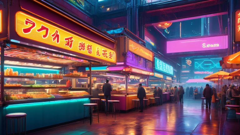 dystopian food court neon cyber wallpaper scaled
