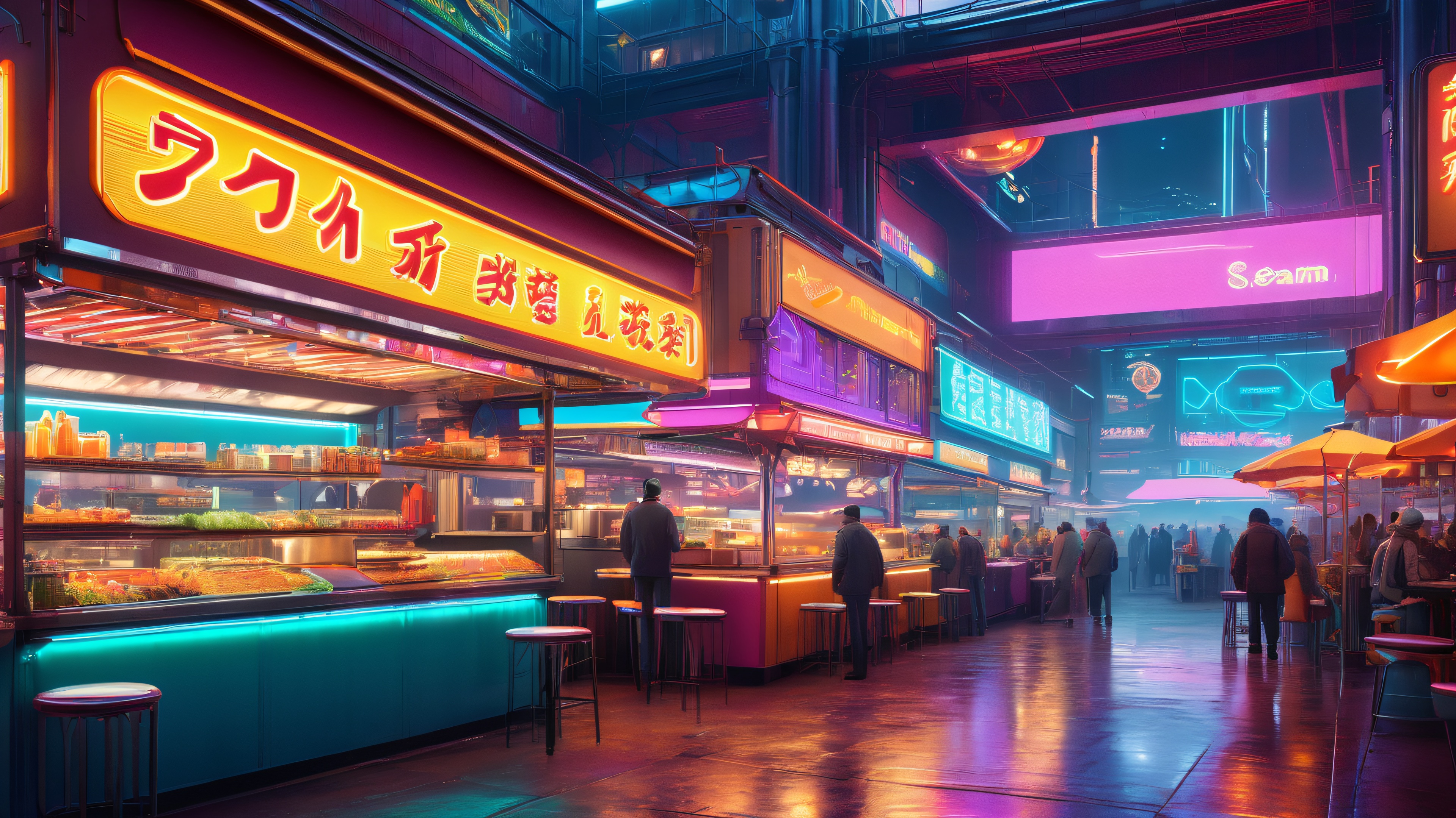 A neon-lit food court scene in a dystopian metropolis, featuring retro-futuristic architecture and steam-powered machinery.