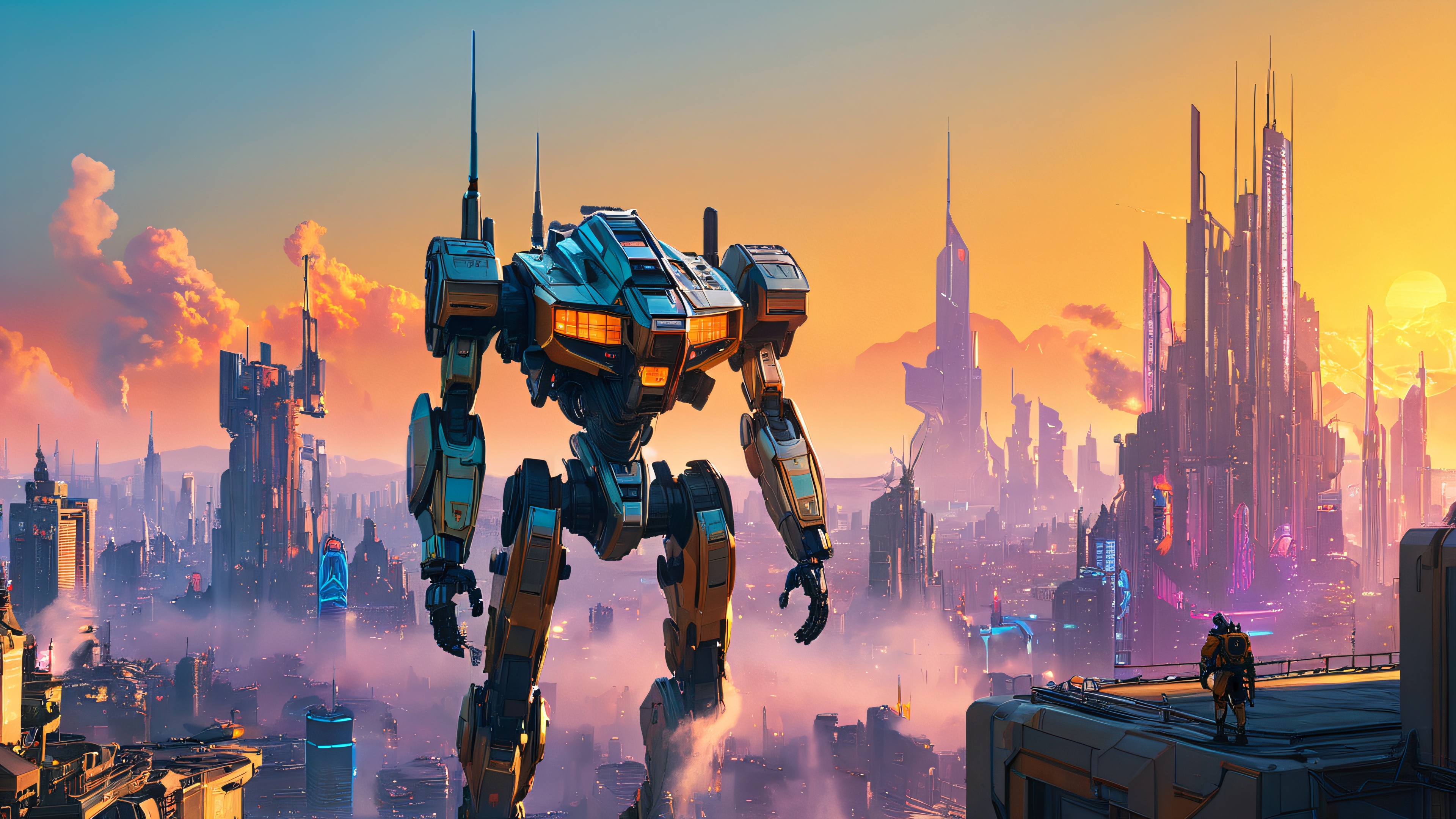 A futuristic metropolis on the brink of destruction, with transformable mechs converging on the cityscape at sunset.